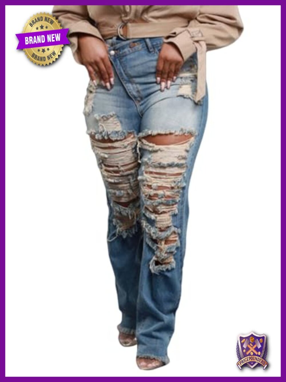 Women's High Rise Asymmetrical Ripped Skinny Jeans Distressed Denim Pants